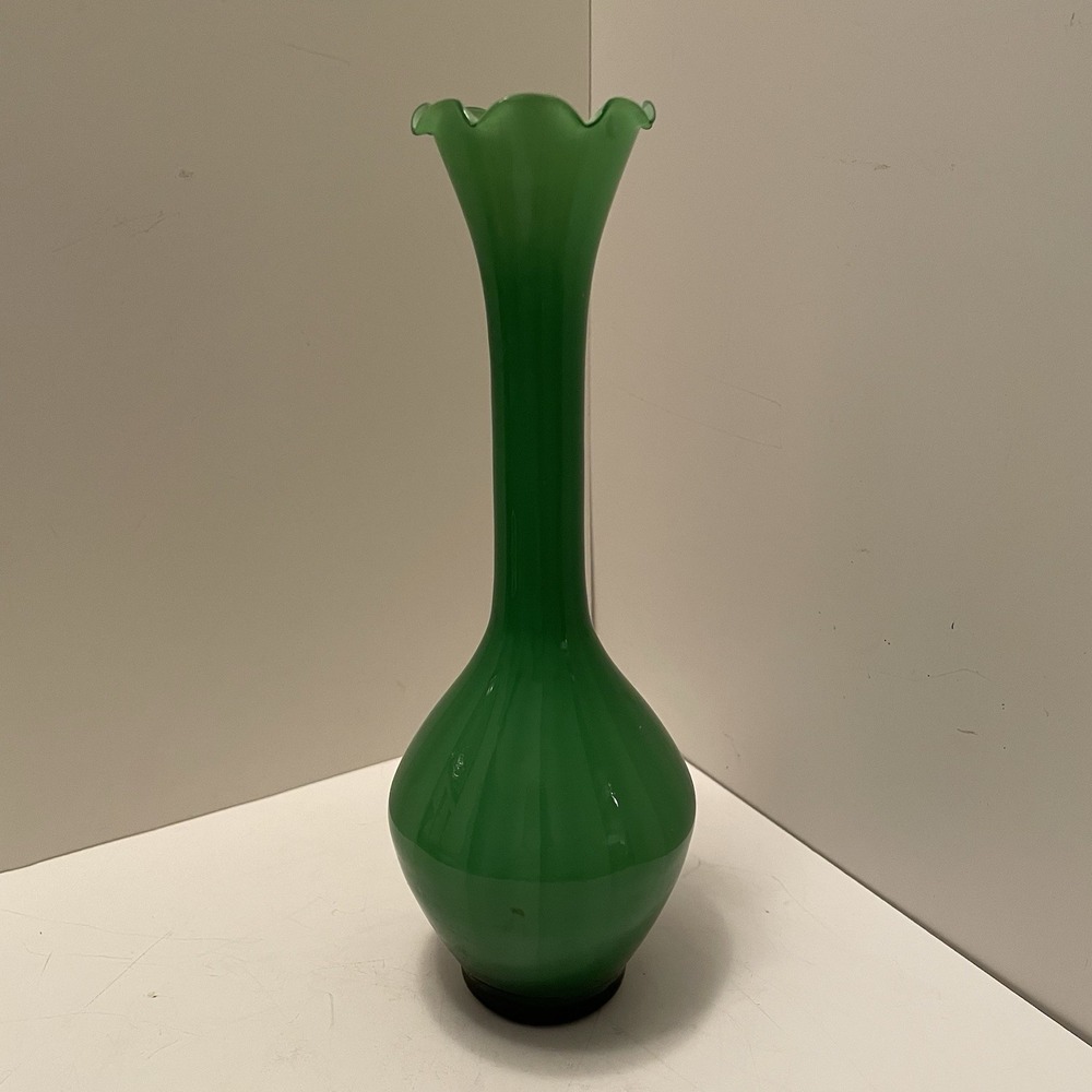 Vintage Hand-Blown Green Cased Glass Bud Vase - Ruffled Rim & Rough Pontil